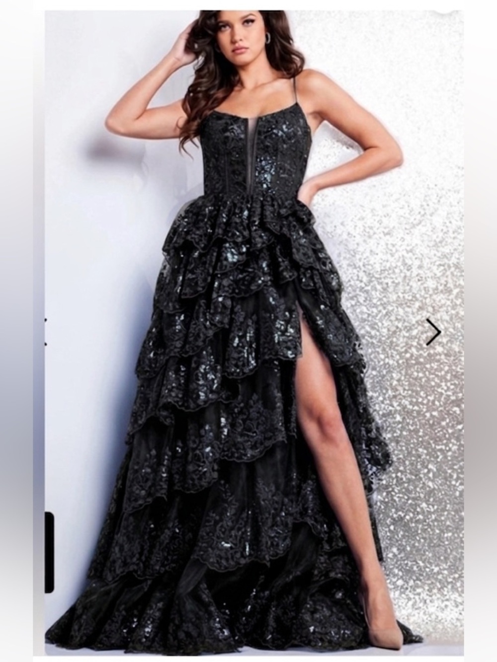 NWT JOVANI 38144 Black Tulle Layered High Slit Gown Sequined Formal Maxi